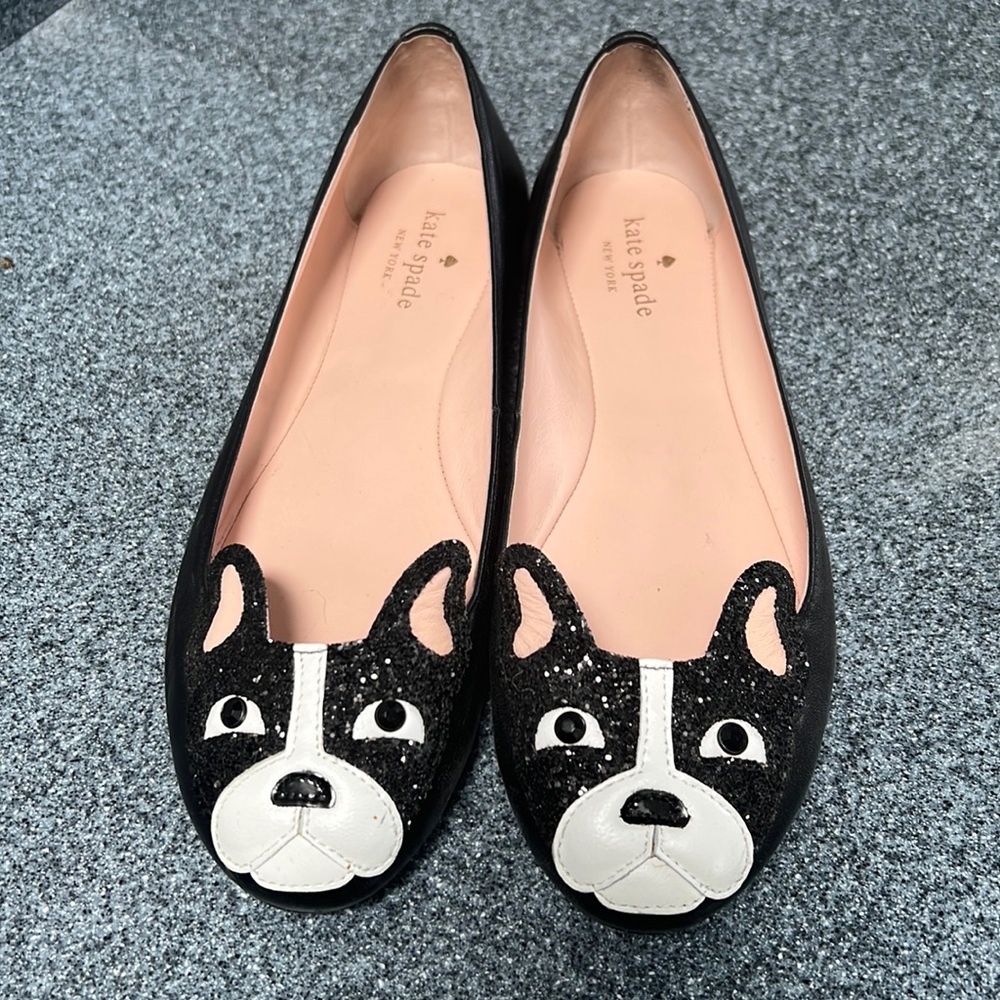 Kate Spade Winthrop Boston Terrier French Bulldog Dog in Black Flats -like new!!